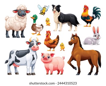 Collection of farm animals. Vector cartoon illustration