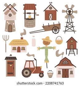 Collection Of Farm Buildings And Agricultural Objects. Set Of Simple Doodle Illustrations. Barn, Tractor, Windmill, Well And Other Ranch Items. Clipart For Stickers, Children's Book Design.