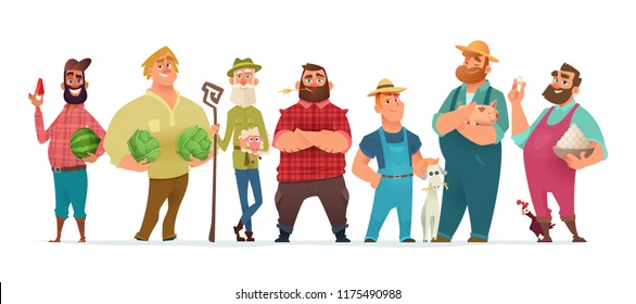 Collection of farm character design. Happy and healthy farmers set.