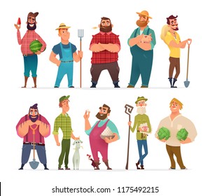 Collection of farm character design. Happy and healthy farmers set.