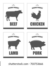 Collection farm of chicken, beef, lamb, pork. Meat labels, logos and badges. Vector icons. Meat sticker set.