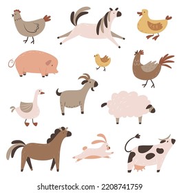 Collection of farm domestic animals. Set of simple doodle illustrations. Poultry, dairy animals, horses and other ranch residents. Clipart for stickers, children's book design.