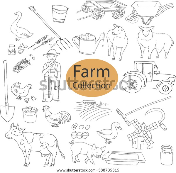 Collection Farm Doodles Different Objects Instruments Stock Vector ...