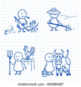 Collection of the farm doodles on graph paper. Vector Illustration.