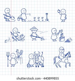Collection of the farm doodles. Vector big set on graph paper.