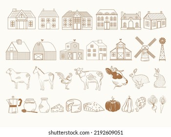 Collection of farm elements linear symbols, icons design. Farm animals, farmhouse, cottage, harvest and dairy products. Editable Vector Illustration.