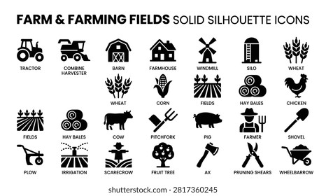 Collection of farm and farming fields solid silhouette icons. set includes tractor, combine harvester, barn, farmhouse, windmill, silo, wheat, corn, fields, hay bales, chicken, cow, pitchfork, pig, farmer, shovel, plow, irrigation, scarecrow, fruit tree, ax, pruning shears, wheelbarrow.
