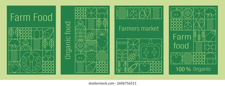 Collection of farm food and farmers market. Set Farm Food and Organic Market Posters. Minimal abstract elements in Bauhaus style. 