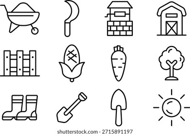 Collection of farm icons including tools and vegetables isolated on transparent background
