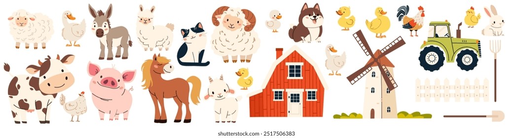 A collection of farm pets and buildings. Mill farm farm tractor fork shovel shovel fence. Cow pig lamb sheep sheep horse dog dog cat goose goose duck hen rooster goat