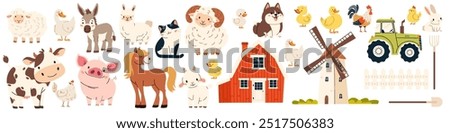 A collection of farm pets and buildings. Mill farm farm tractor fork shovel shovel fence. Cow pig lamb sheep sheep horse dog dog cat goose goose duck hen rooster goat