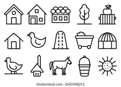 Collection of farm and rural life icon set in simple linear outline for design and web graphics