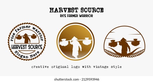 collection of farmer logo designs or people carrying rice on shoulders in vintage style