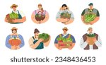 Collection of farmers holding baskets with fresh vegetables and fruits. Farming and agriculture concept. Work and harvest. Flat cartoon style vector illustration isolated on white background.