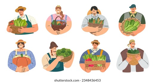 Collection of farmers holding baskets with fresh vegetables and fruits. Farming and agriculture concept. Work and harvest. Flat cartoon style vector illustration isolated on white background.