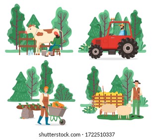 Collection of farming equipment and people working on field. Man transporting harvested pumpkins, shepherd with sheep. Milkmaid with cow and driver of tractor cultivating soil, vector in flat