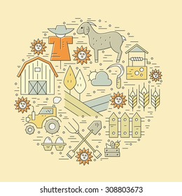 Collection of farming illustrations with different agricultural symbols. Perfect organic products banner or flyer.
