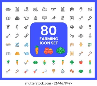 Colección de iconos lineales de cultivo e iconos de color. camiones, granos, arroz, espantapájaros, brotes. Conjunto de maíz, símbolos de zanahorias dibujados con líneas delgadas de contorno.