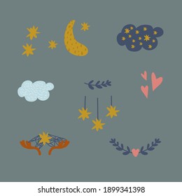 Collection of Fashion baby elements. Set of illustrations of Stars, Clouds, Horns, Heart, Foliage. For posters and fashionable children's clothing. Vector illustration