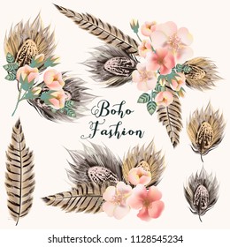 Collection Of Fashion Boho Bouquets With Roses And Feathers For Design