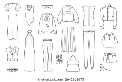 Collection of women’s fashion clothing and accessories in minimalist line art style. Perfect for branding, design, and fashion projects.