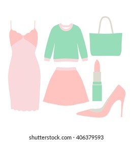 Collection of fashion elements - sweater, lipstick, handbag, high shoe, dress and skirt. Flat style. Glamorous outfits. Pastel soft colors. Vector illustration.