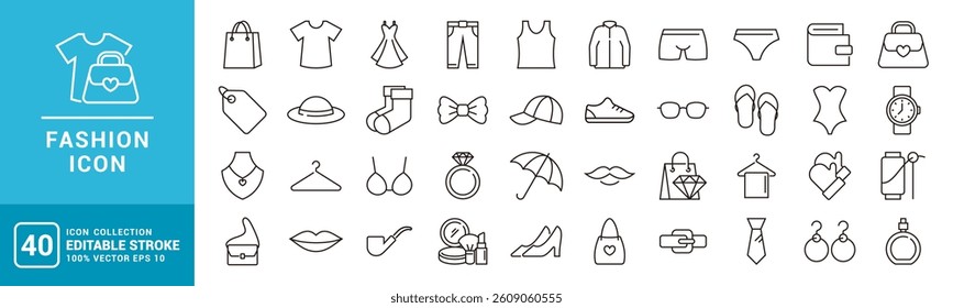 Collection of fashion icons. Women, men, clothes, perfume, jewelry. Vector template editable stroke EPS 10.