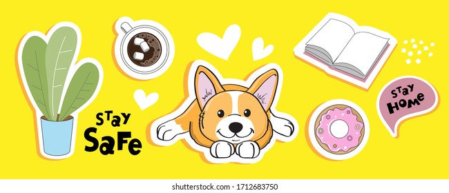 Collection Of Fashion Patch Badges With Dog, Inscription Stay Home Stay Safe Coffee And Donut On A Yellow Background. Quarantine Isolation Concept