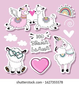 Collection of fashion patch badges with funny llamas on a pink background