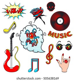 Collection fashion patch badges with musical symbols isolated on white background. Set of stickers, pins, patches in cartoon comic style.Vector illustration