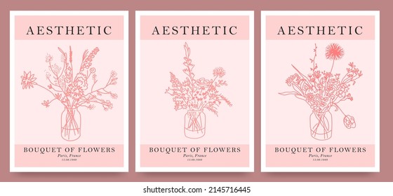 Collection of fashion posters in a minimalist style with bouquets of flowers drawn in one line style. For printing, wall decor, tattoos, postcards