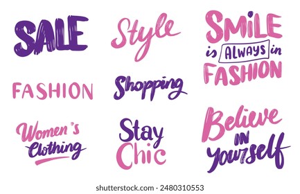 Collection of Fashion text lettering. Hand drawn vector art.