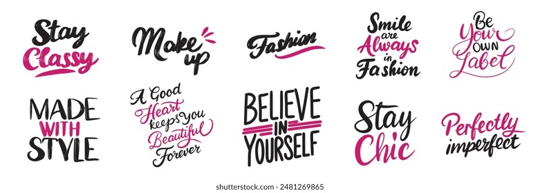 Collection of Fashion text lettering. Hand drawn vector art.