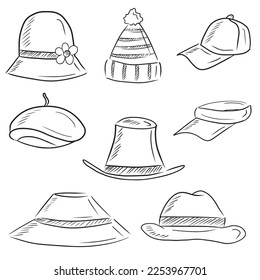 Collection of fashion trendy modern hats types: baseball, vizor, bucket, panama, fascinator, bowler, beret, cloche in black on white background. Vector sketch realistic illustration in vintage