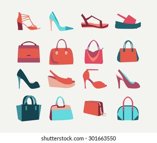 Collection of  fashion Women bags handbags and High Heels shoes in flat style