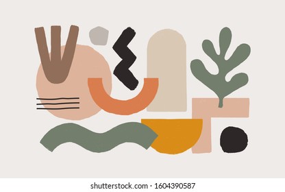 Collection of fashionable abstract graphic shapes on a light background. Minimalist forms in the style of modern art. Universal vector illustration for your design in a flat style.