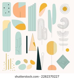 Collection of fashionable abstract graphic shapes on a light background. Minimalist forms in the style of modern art. Universal vector illustration for your design in a flat style