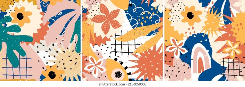Collection of fashionable abstract seamless patterns with natural colorful shapes, spots, flowers and rainbow. Modern exotic design for paper, fabric, interior décor and more