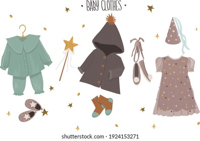 A collection of fashionable children's clothing, a cute dress - a princess or fairy costume with a magic cap and a magic wand, cotton pajamas with booties, a cardigan with knitted socks. Vector