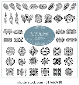 A collection with fashionable ethnic patterns. Set of geometric elements of tribal art and decor of the Aztecs, drawn by hand. Vector isolated illustration.