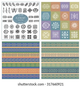 A collection with fashionable ethnic patterns. Set of geometric elements of tribal art and decor of the Aztecs, drawn by hand. Vector isolated illustration.