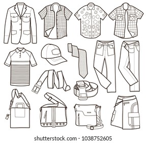 Collection of fashionable men's clothing (vector illustration, coloring book)