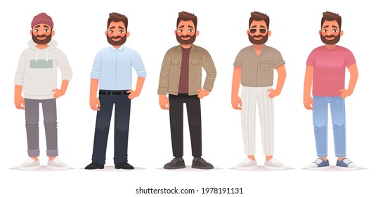 Collection of fashionable outfits of a young man. The guy is dressed in trendy clothes, street casual sports and business attire. Vector illustration in cartoon style