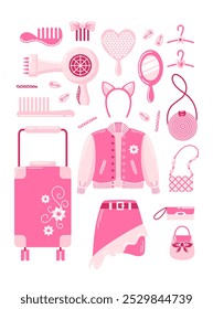 A collection of fashionable pink accessories inspired by the 2000s. Perfect for dolls, girls, and princesses. vector illustration with vibrant, eye-catching designs.