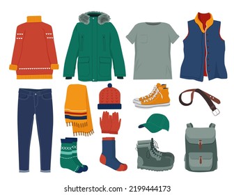 Collection Of Fashionable Unisex Clothing.   Shoes, Sweater, Jeans, Jacket, Hat, Scarf, Backpack. Vector Illustration.