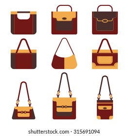 Collection of fashionable women's bags, isolated on white background. Ideal for presentations, advertising. Vector illustration in flat style.