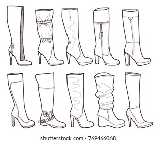 collection of fashionable women's boots (coloring book)