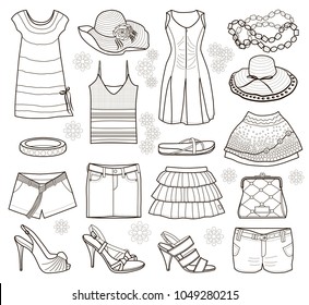 Collection of fashionable women's clothes isolated on white (vector illustration, coloring book)