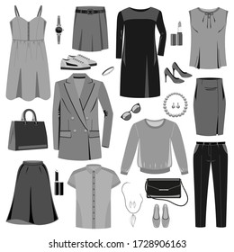 Collection of fashionable women's clothing and accessories. Vector illustration of a gray color.