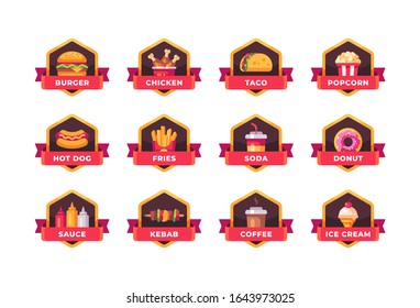 Collection of fast food badges. Restaurant menu labels